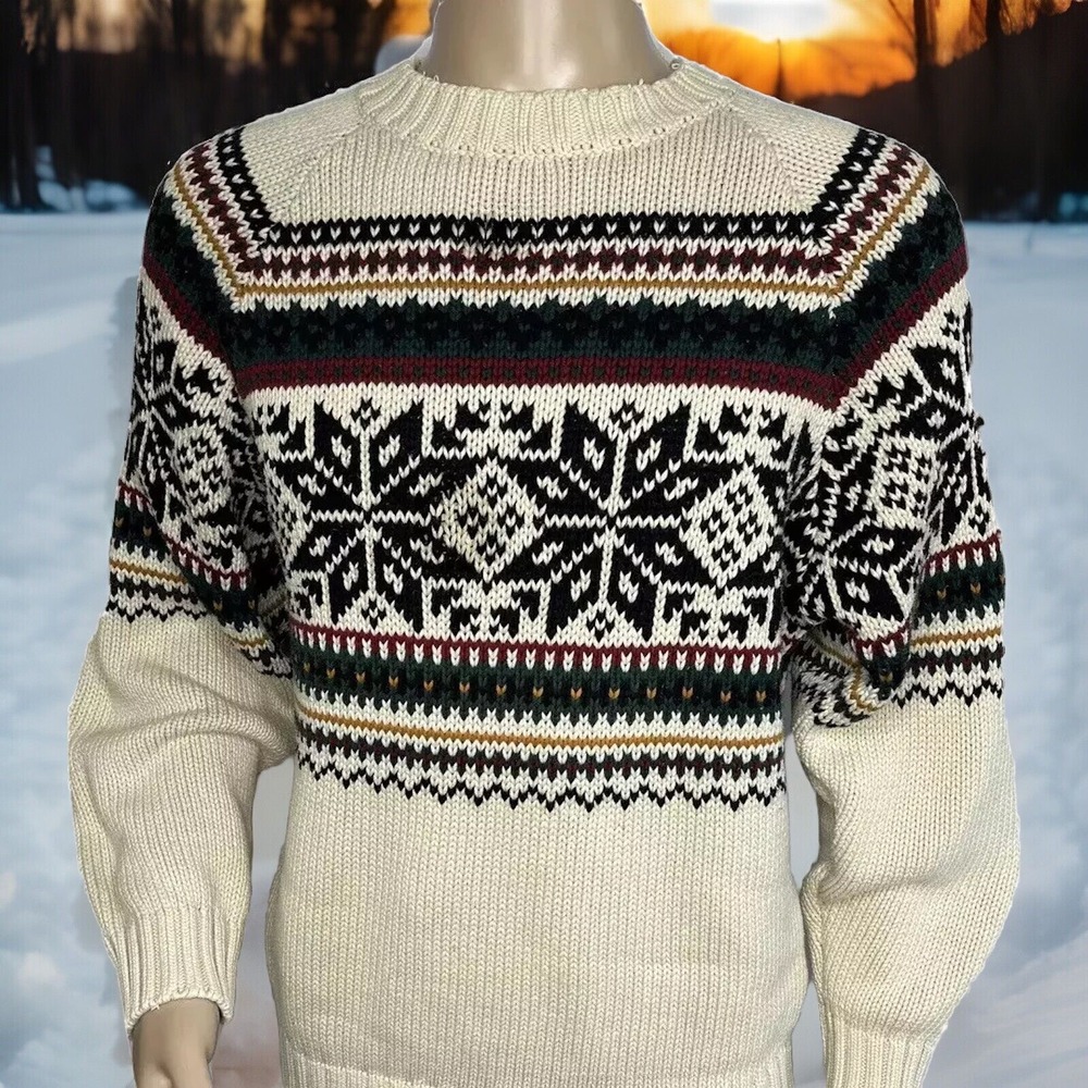 Tommy‎ Hilfiger Knit Sweater Mens Sz S Fair Isle Holidays Crewneck Cream Vintage